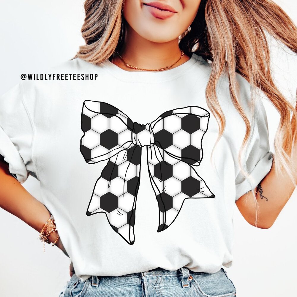 NEW Soccer Ball Coquette Bow Graphic Tee Shirt Comfort Colors Screen Printed